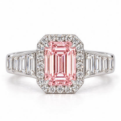 Pink Emerald Cut Lab Grown Diamond Engagement Ring - Halo and Baguette Shoulders in white gold, front view
