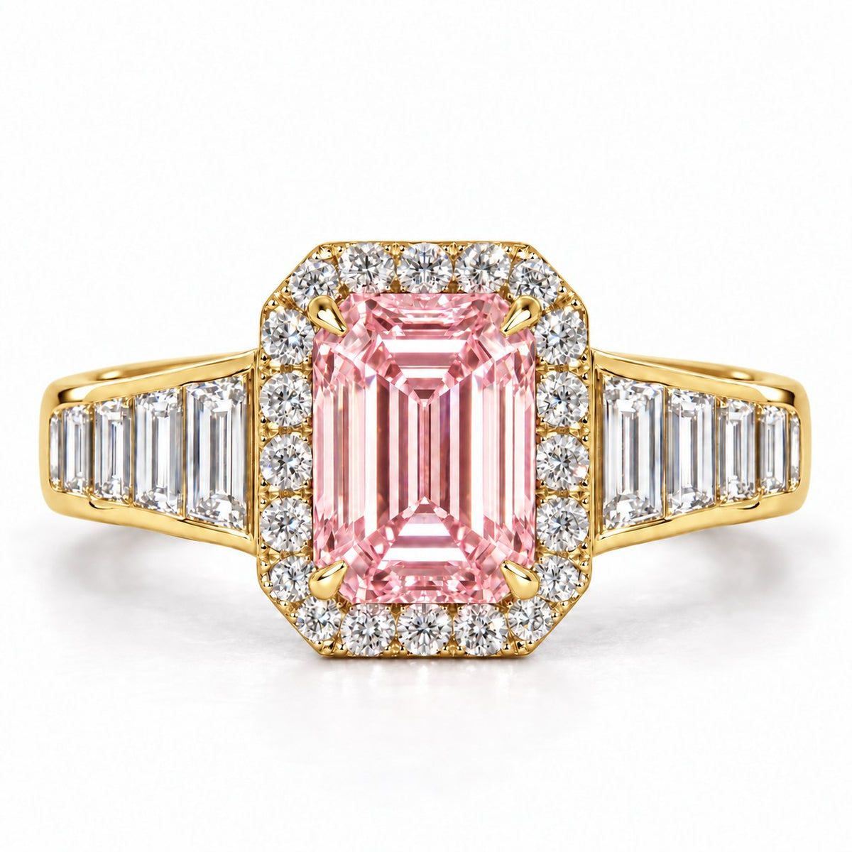 Pink Emerald Cut Lab Grown Diamond Engagement Ring - Halo and Baguette Shoulders in yellow gold, front view