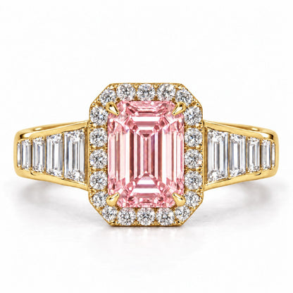 Pink Emerald Cut Lab Grown Diamond Engagement Ring - Halo and Baguette Shoulders in yellow gold, front view