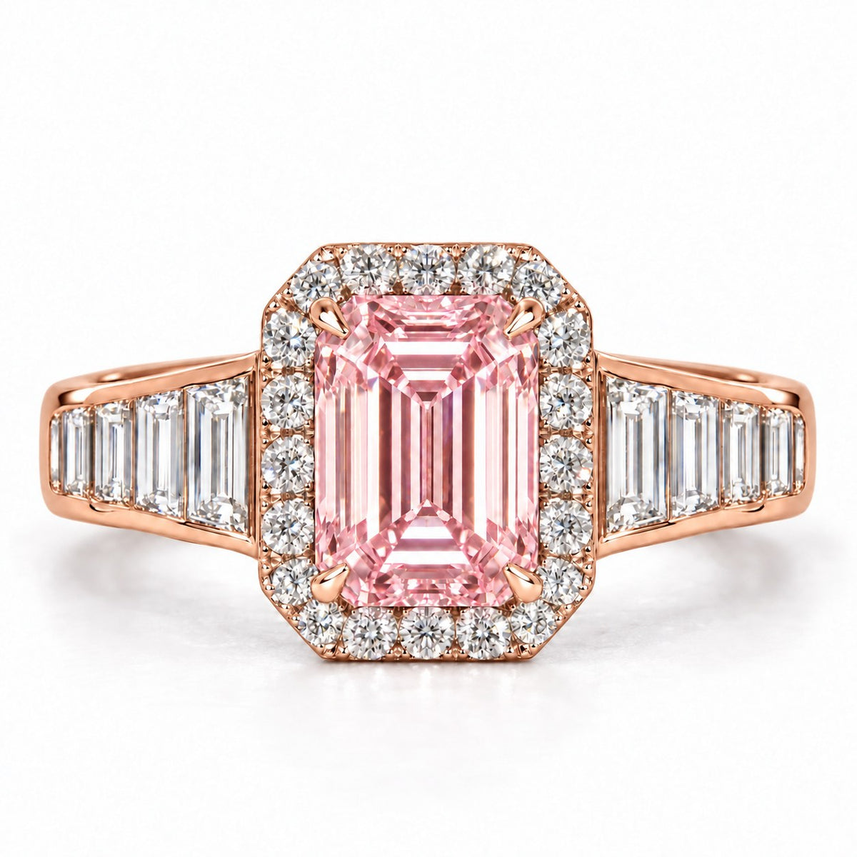 Pink Emerald Cut Lab Grown Diamond Engagement Ring - Halo and Baguette Shoulders in rose gold, front view