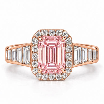 Pink Emerald Cut Lab Grown Diamond Engagement Ring - Halo and Baguette Shoulders in rose gold, front view