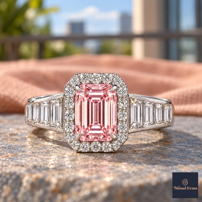 Pink Emerald Cut Lab Grown Diamond Engagement Ring - Halo and Baguette Shoulders in white gold, close-up