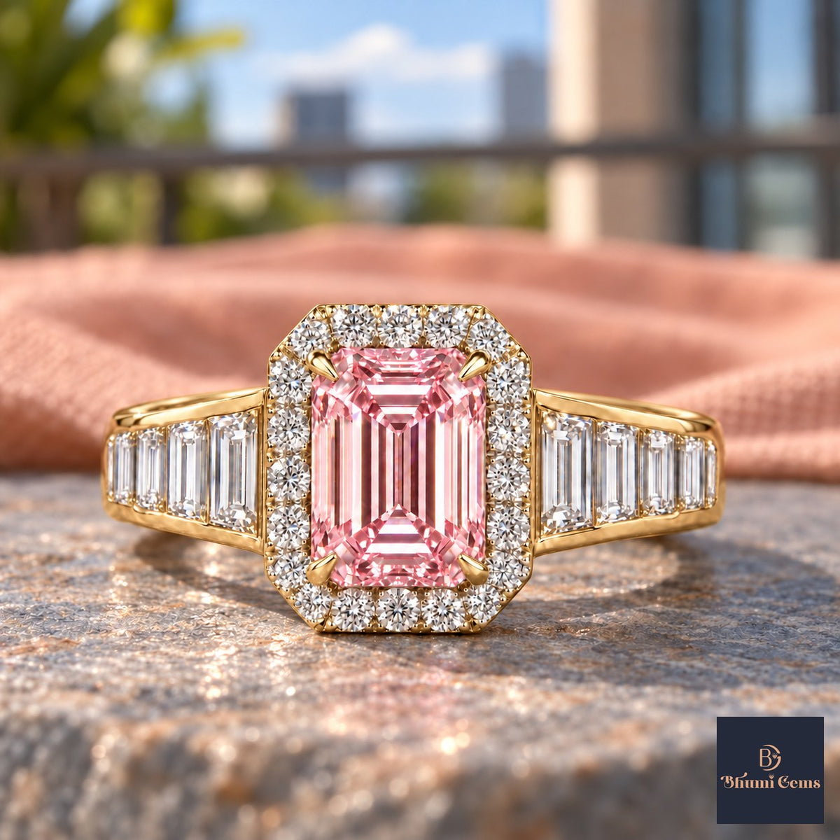 Pink Emerald Cut Lab Grown Diamond Engagement Ring - Halo and Baguette Shoulders in yellow gold, close-up