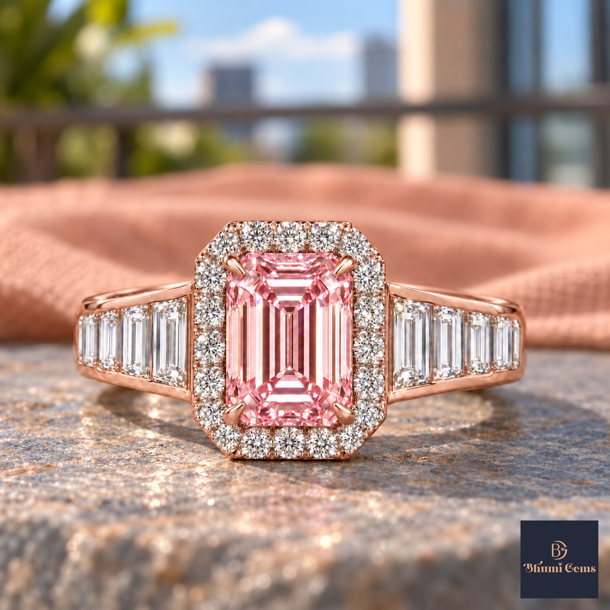 Pink Emerald Cut Lab Grown Diamond Engagement Ring - Halo and Baguette Shoulders in rose gold, close-up