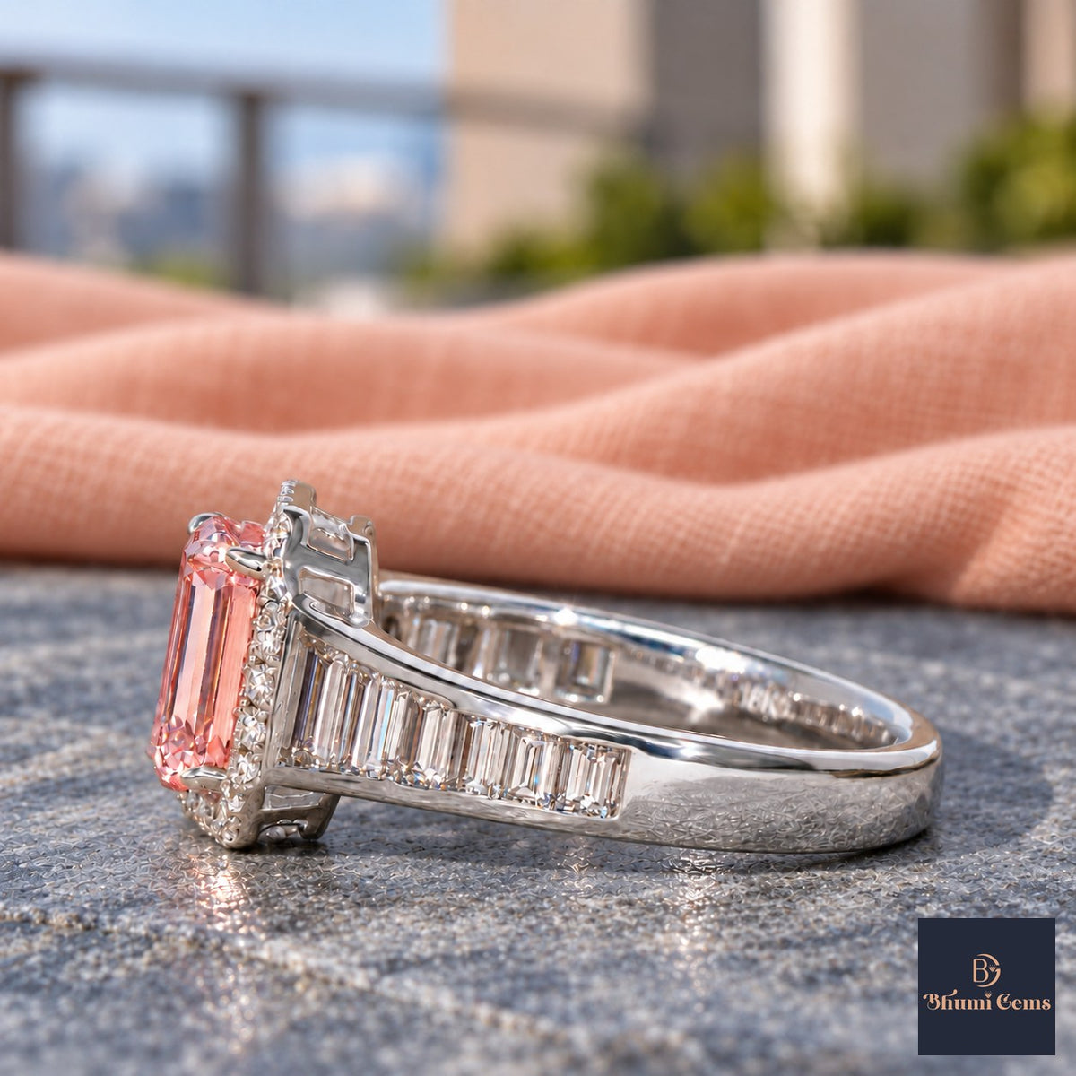 Pink Emerald Cut Lab Grown Diamond Engagement Ring - Halo and Baguette Shoulders in white gold, side view