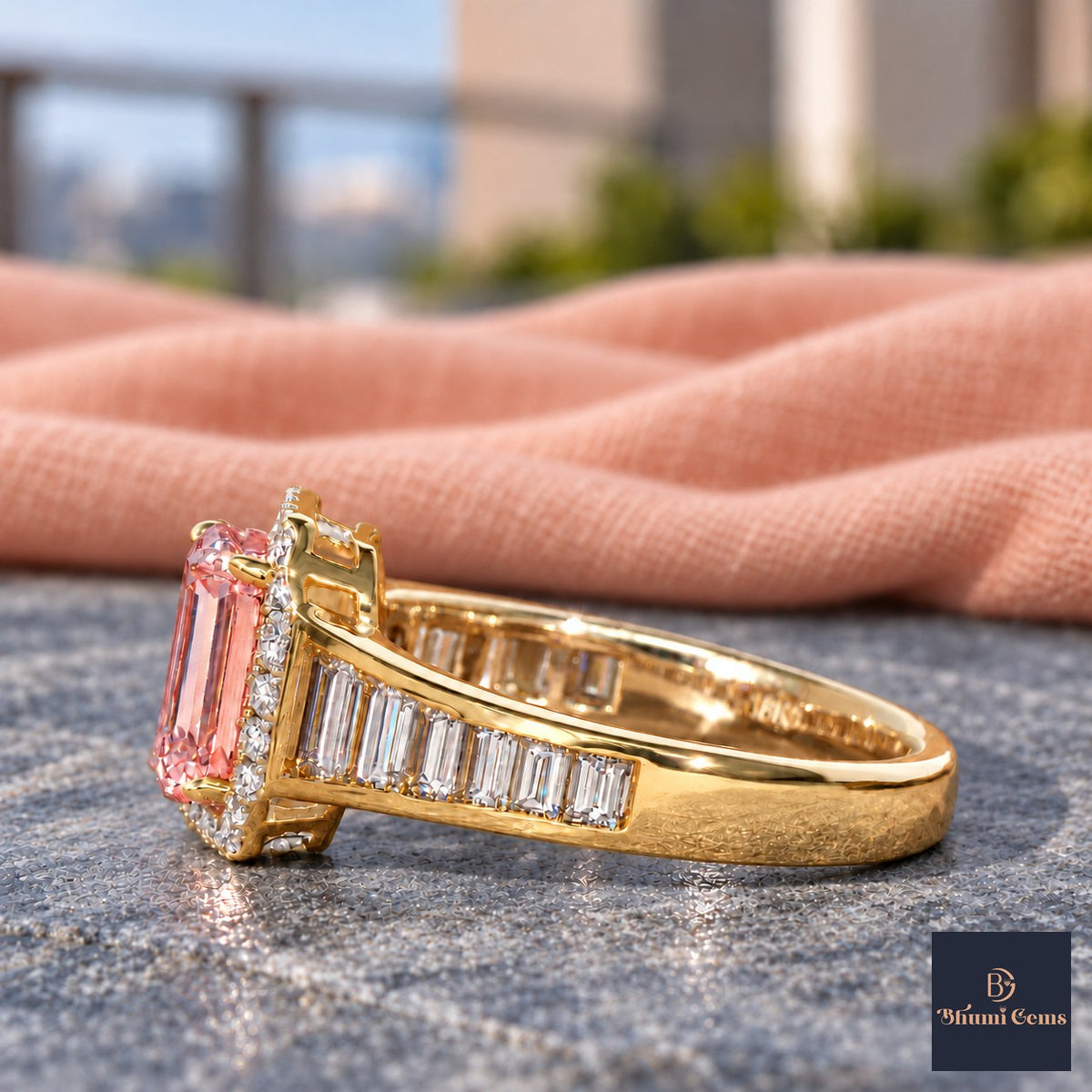 Pink Emerald Cut Lab Grown Diamond Engagement Ring - Halo and Baguette Shoulders in yellow gold, side view