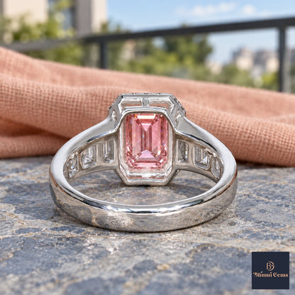 Pink Emerald Cut Lab Grown Diamond Engagement Ring - Halo and Baguette Shoulders in white gold, gallery view