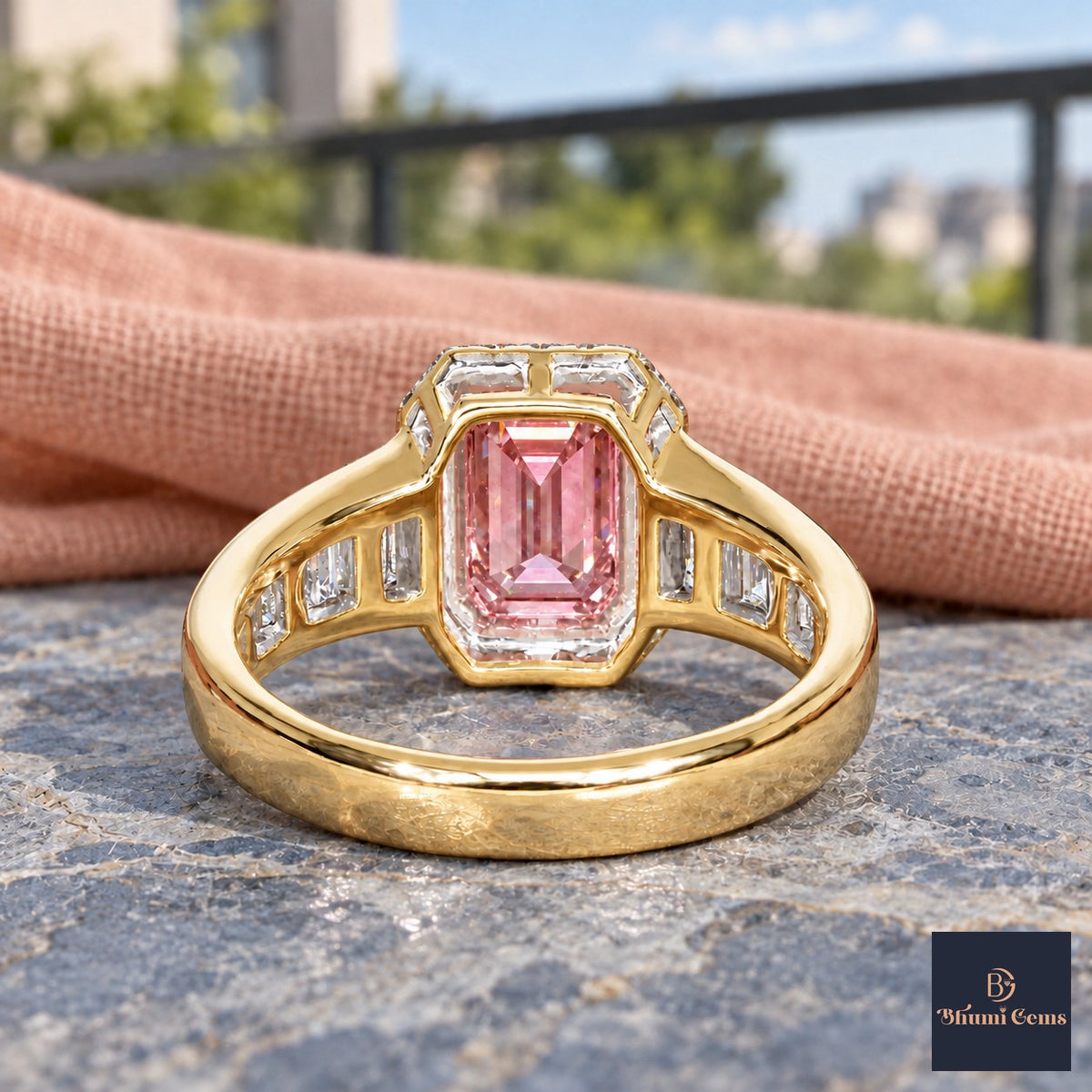 Pink Emerald Cut Lab Grown Diamond Engagement Ring - Halo and Baguette Shoulders in yellow gold, gallery view