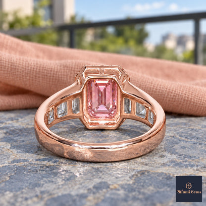 Pink Emerald Cut Lab Grown Diamond Engagement Ring - Halo and Baguette Shoulders in rose gold, gallery view