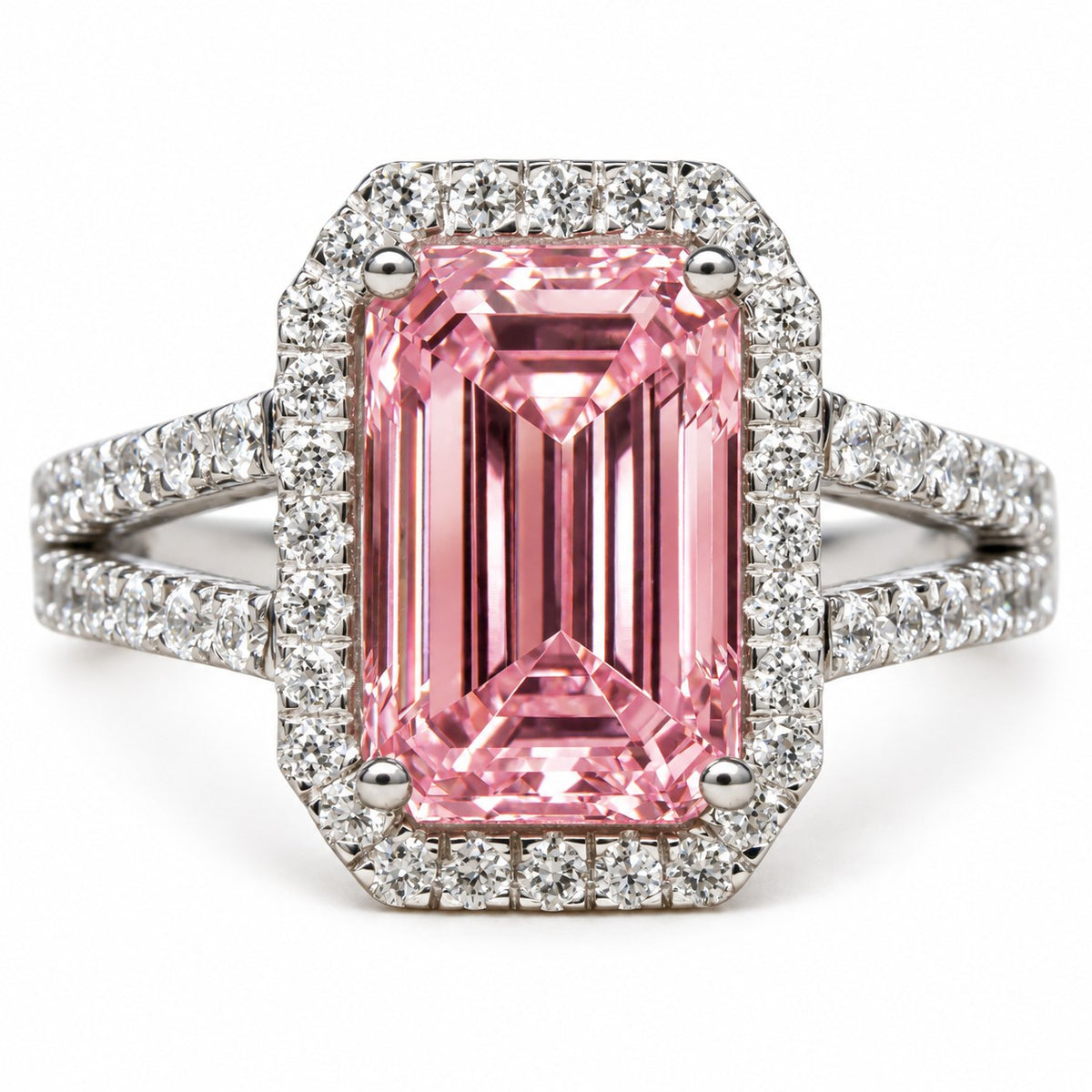 Pink Emerald Cut Lab Grown Diamond Engagement Ring - Halo Split Shank in white gold, front view