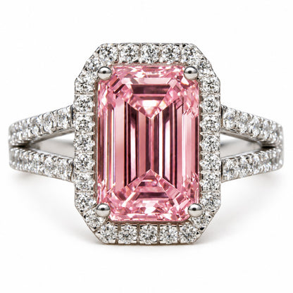 Pink Emerald Cut Lab Grown Diamond Engagement Ring - Halo Split Shank in white gold, front view