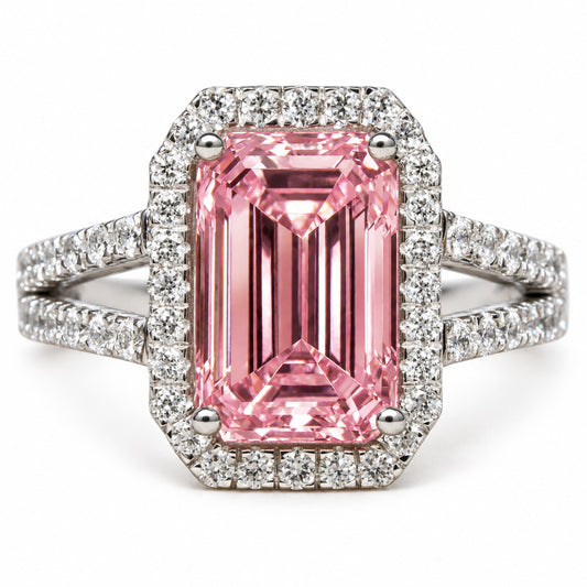 Pink Emerald Cut Lab Grown Diamond Engagement Ring - Halo Split Shank in white gold, front view