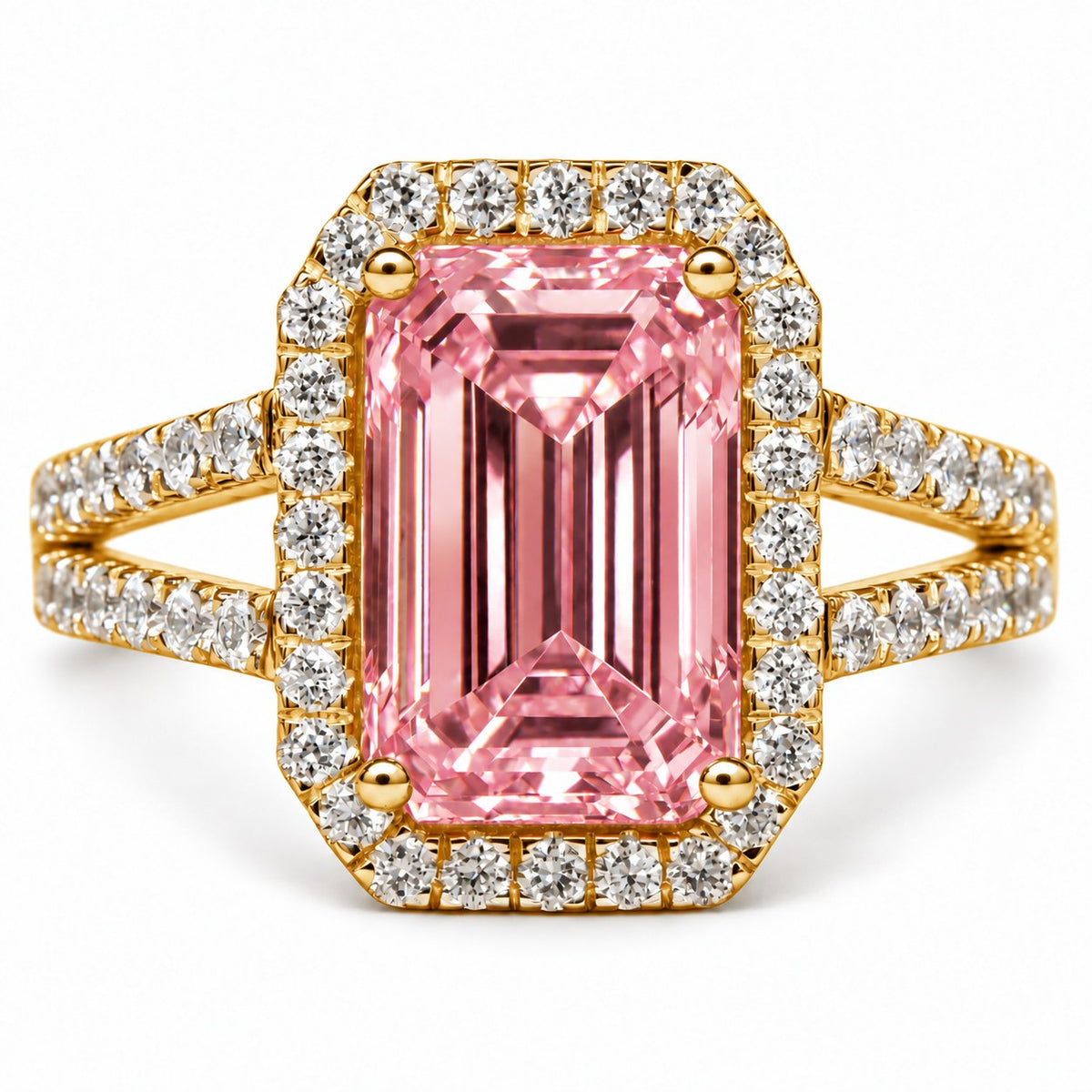 Pink Emerald Cut Lab Grown Diamond Engagement Ring - Halo Split Shank in yellow gold, front view