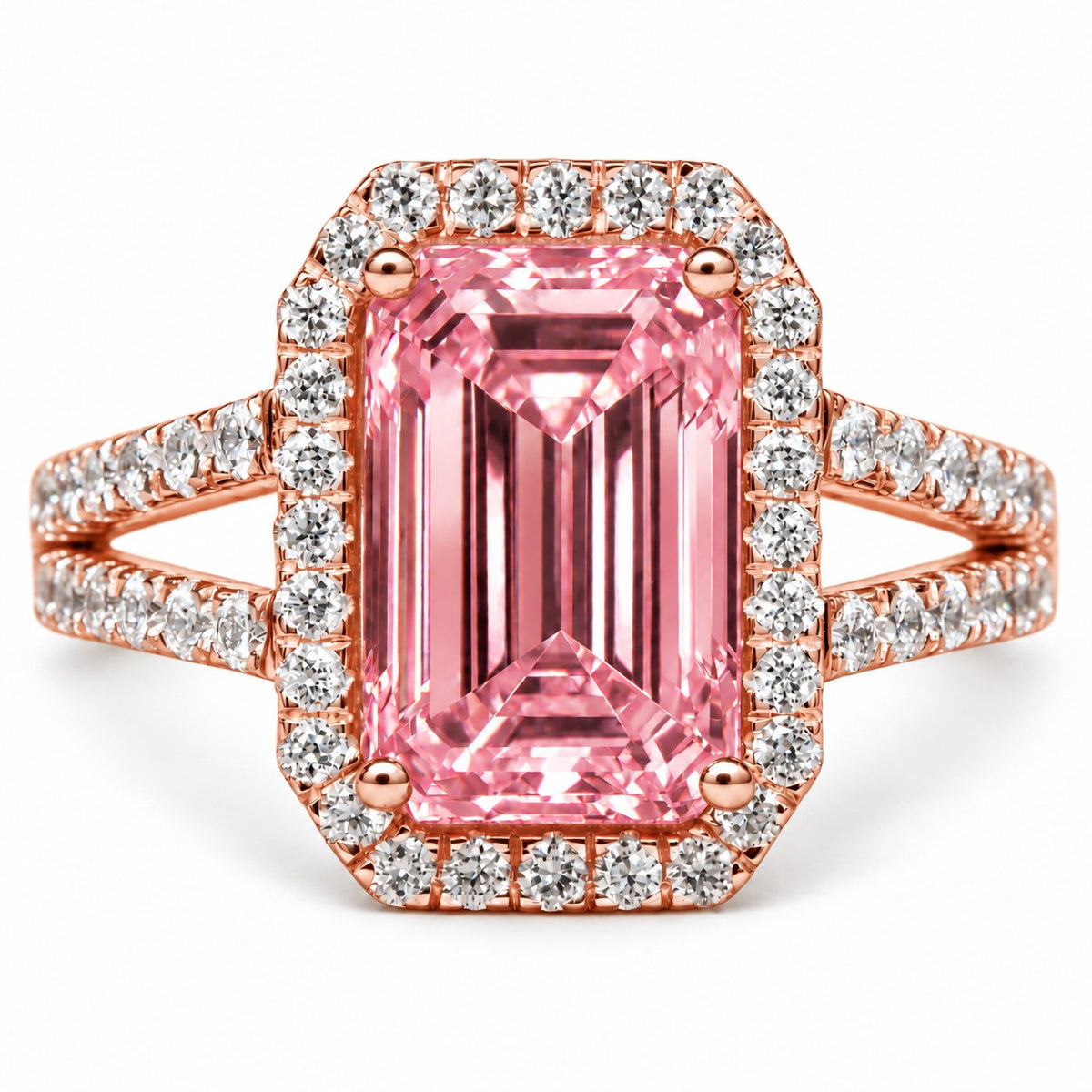 Pink Emerald Cut Lab Grown Diamond Engagement Ring - Halo Split Shank in rose gold, front view