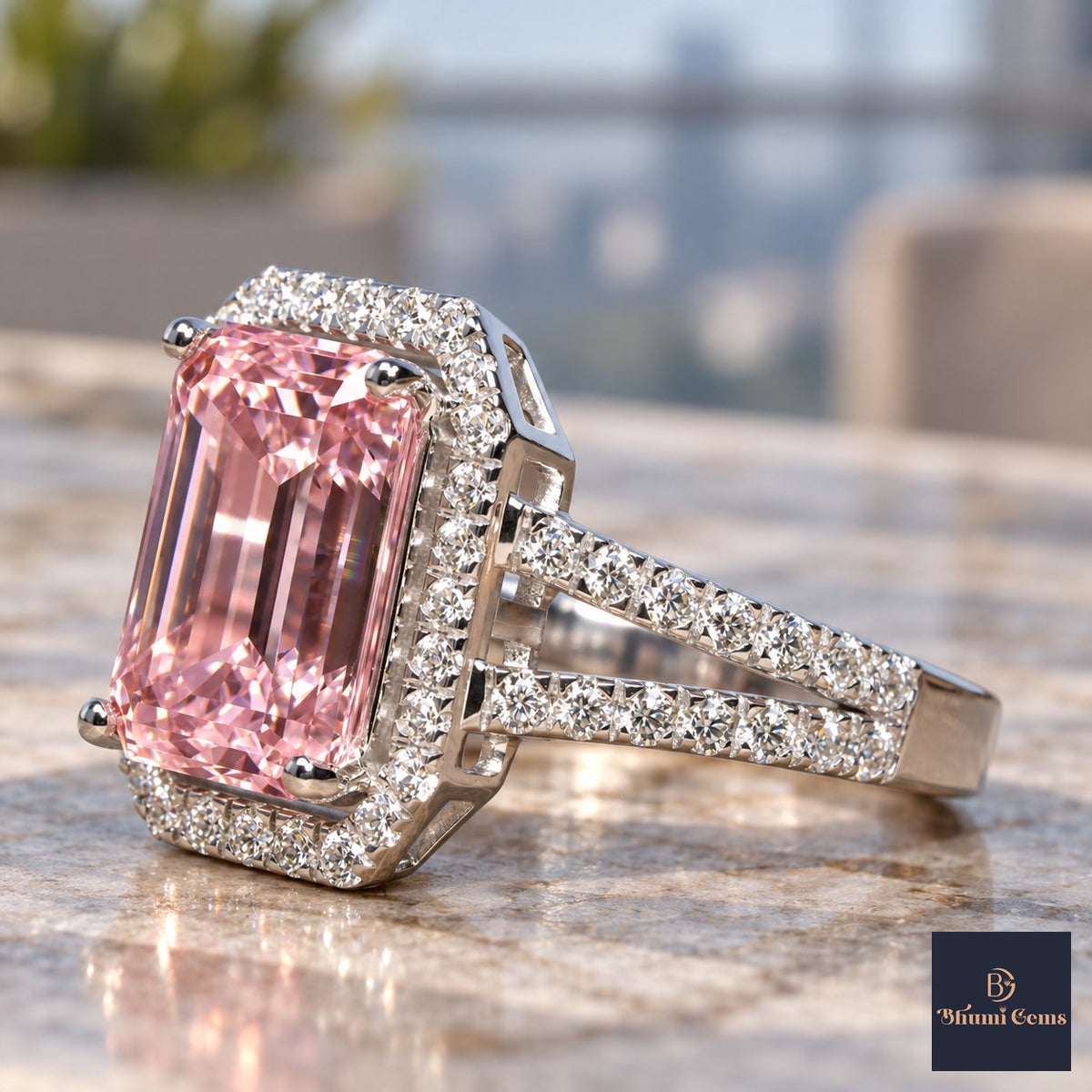 Pink Emerald Cut Lab Grown Diamond Engagement Ring - Halo Split Shank in white gold, close-up