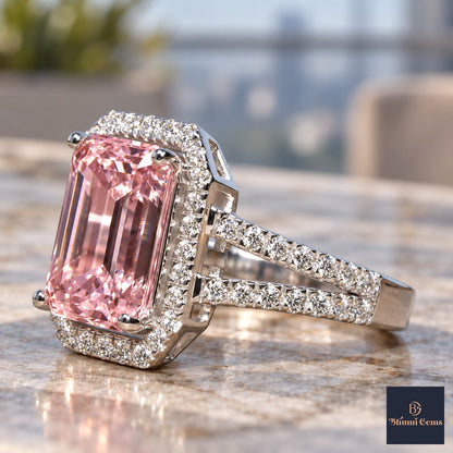 Pink Emerald Cut Lab Grown Diamond Engagement Ring - Halo Split Shank in white gold, close-up