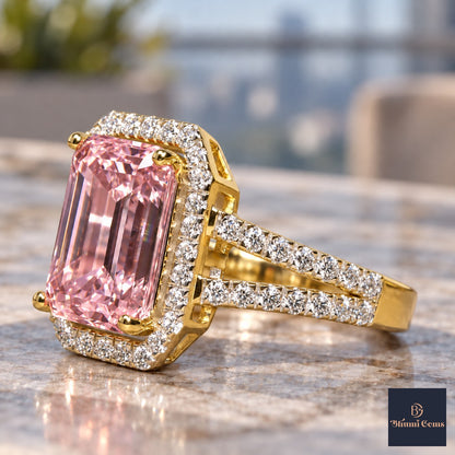 Pink Emerald Cut Lab Grown Diamond Engagement Ring - Halo Split Shank in yellow gold, close-up