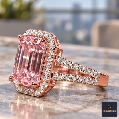 Pink Emerald Cut Lab Grown Diamond Engagement Ring - Halo Split Shank in rose gold, close-up