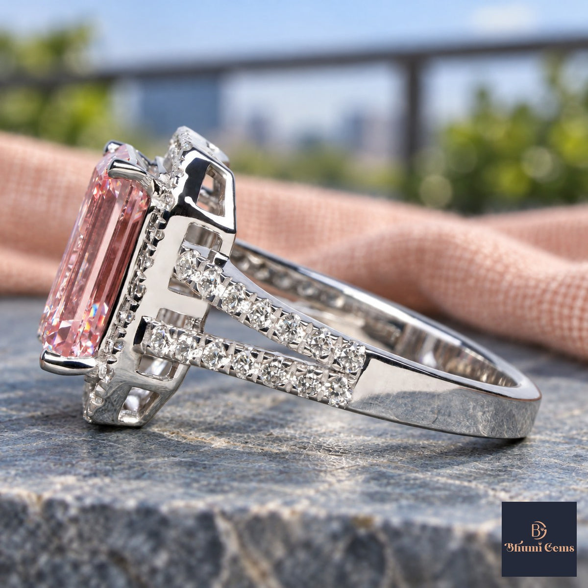 Pink Emerald Cut Lab Grown Diamond Engagement Ring - Halo Split Shank in white gold, side view