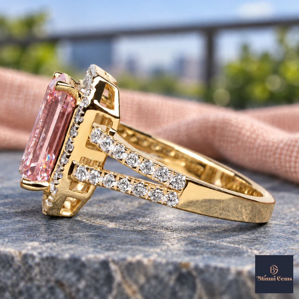 Pink Emerald Cut Lab Grown Diamond Engagement Ring - Halo Split Shank in yellow gold, side view