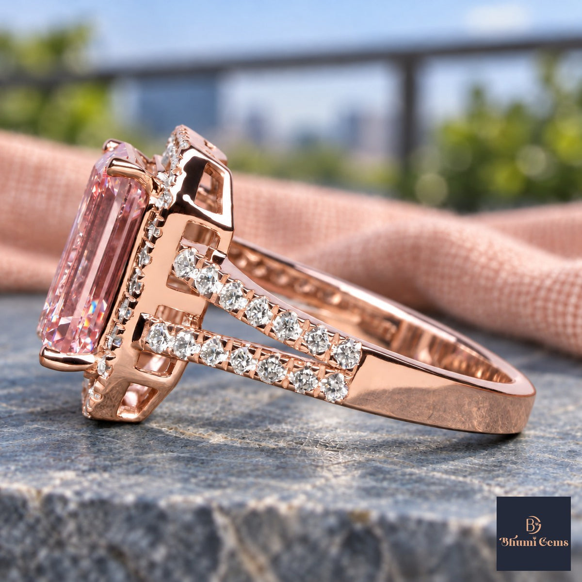 Pink Emerald Cut Lab Grown Diamond Engagement Ring - Halo Split Shank in rose gold, side view