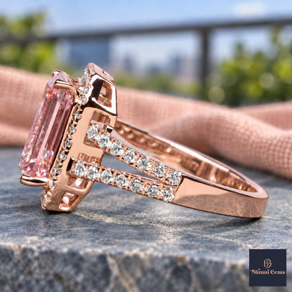 Pink Emerald Cut Lab Grown Diamond Engagement Ring - Halo Split Shank in rose gold, side view