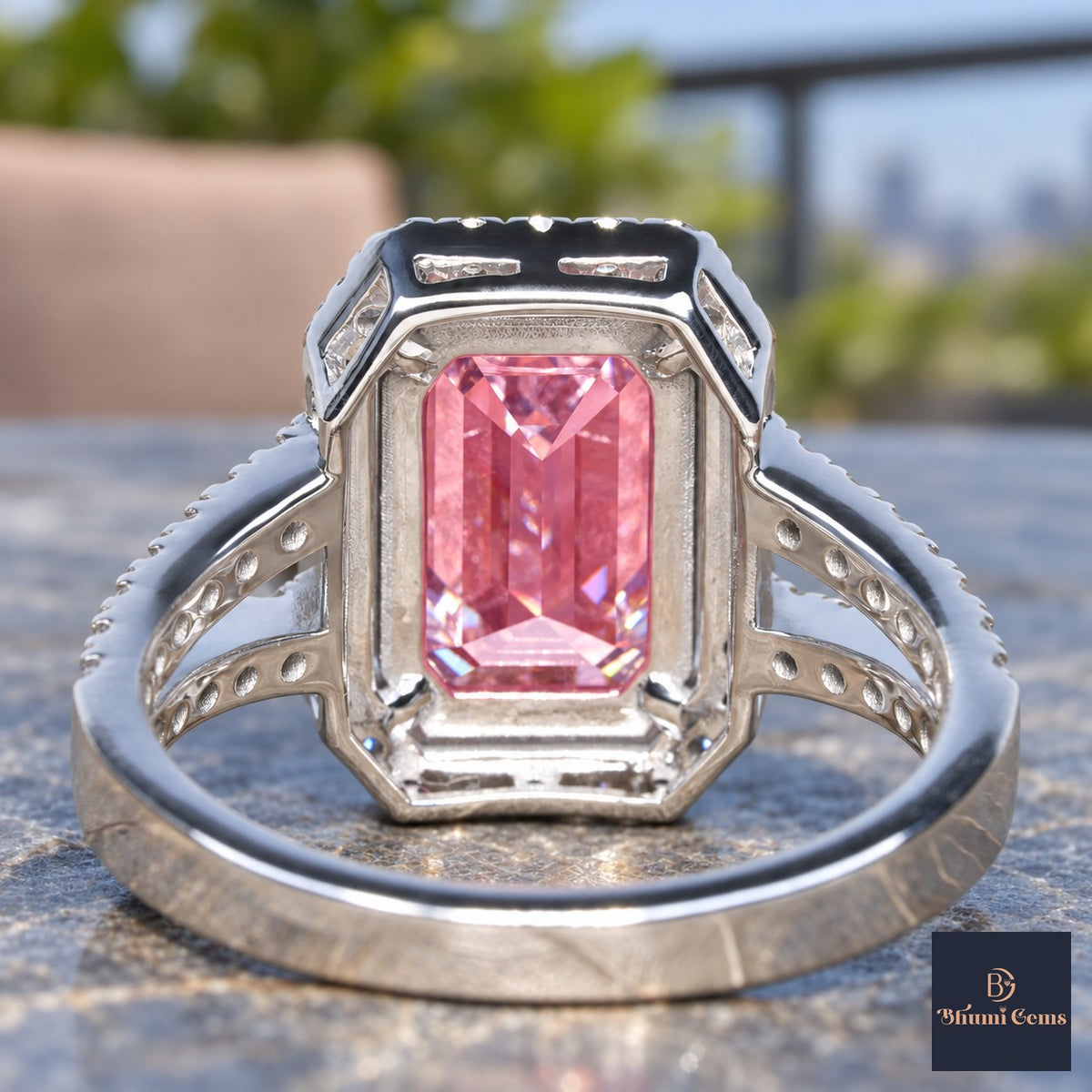 Pink Emerald Cut Lab Grown Diamond Engagement Ring - Halo Split Shank in white gold, gallery view
