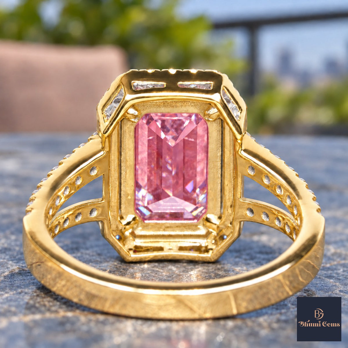 Pink Emerald Cut Lab Grown Diamond Engagement Ring - Halo Split Shank in yellow gold, gallery view