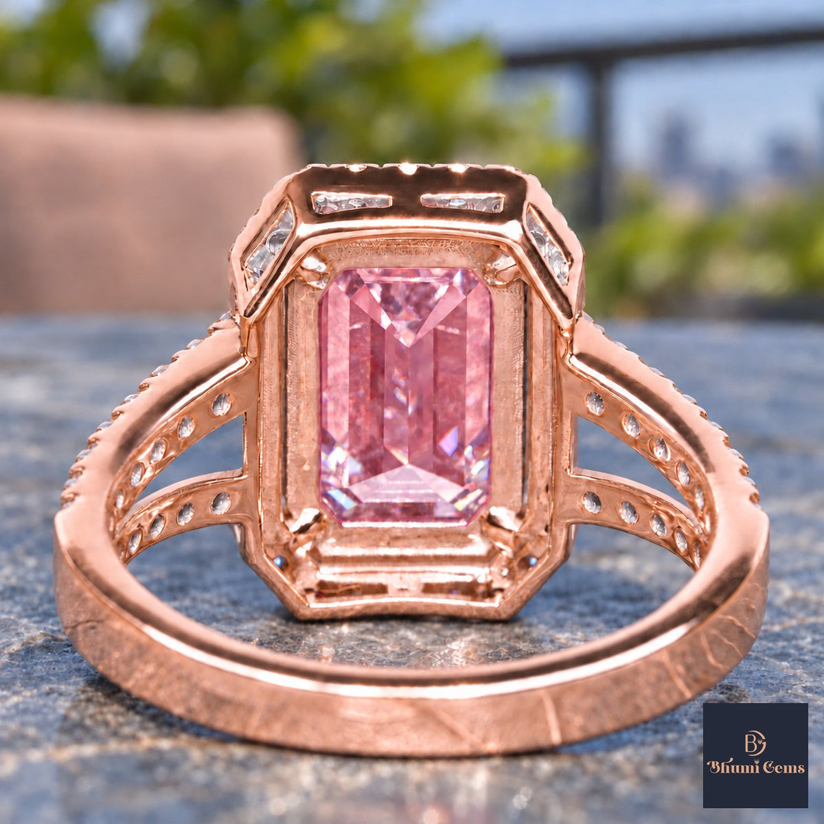 Pink Emerald Cut Lab Grown Diamond Engagement Ring - Halo Split Shank in rose gold, gallery view