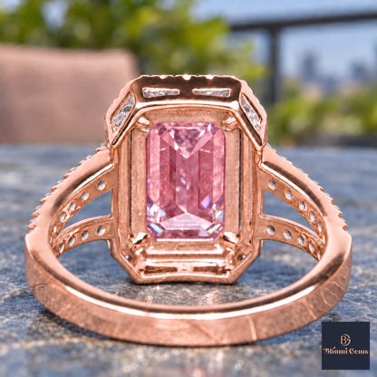 Pink Emerald Cut Lab Grown Diamond Engagement Ring - Halo Split Shank in rose gold, gallery view