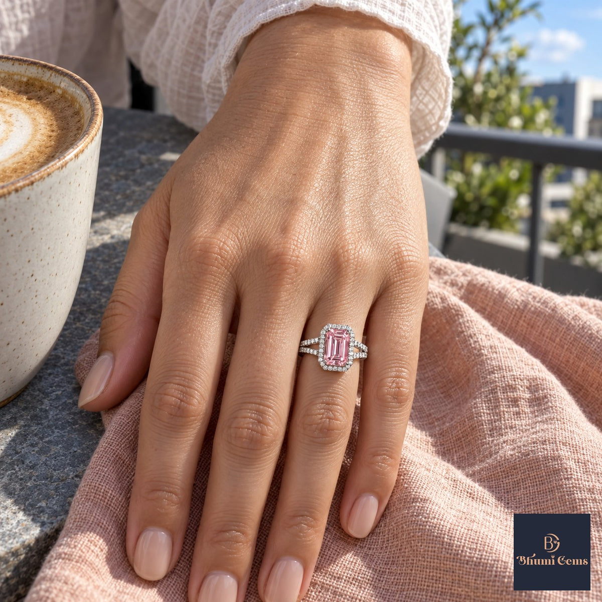 Pink Emerald Cut Lab Grown Diamond Engagement Ring - Halo Split Shank in white gold, on the hand