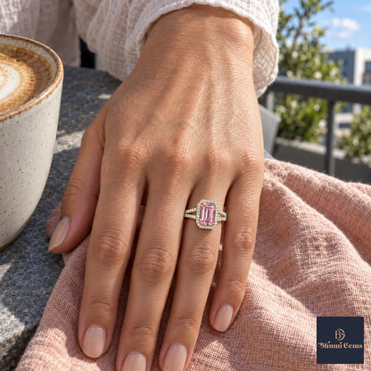 Pink Emerald Cut Lab Grown Diamond Engagement Ring - Halo Split Shank in yellow gold, on the hand