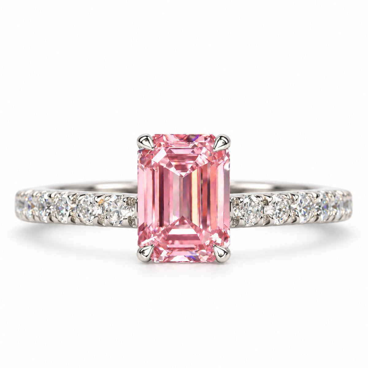 Pink Emerald Cut Lab Grown Diamond Engagement Ring - Pave Band in white gold, front view
