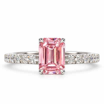 Pink Emerald Cut Lab Grown Diamond Engagement Ring - Pave Band in white gold, front view