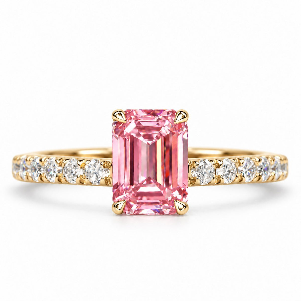 Pink Emerald Cut Lab Grown Diamond Engagement Ring - Pave Band in yellow gold, front view