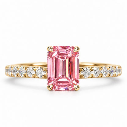 Pink Emerald Cut Lab Grown Diamond Engagement Ring - Pave Band in yellow gold, front view