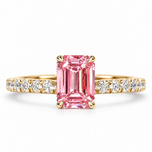 Pink Emerald Cut Lab Grown Diamond Engagement Ring - Pave Band in yellow gold, front view