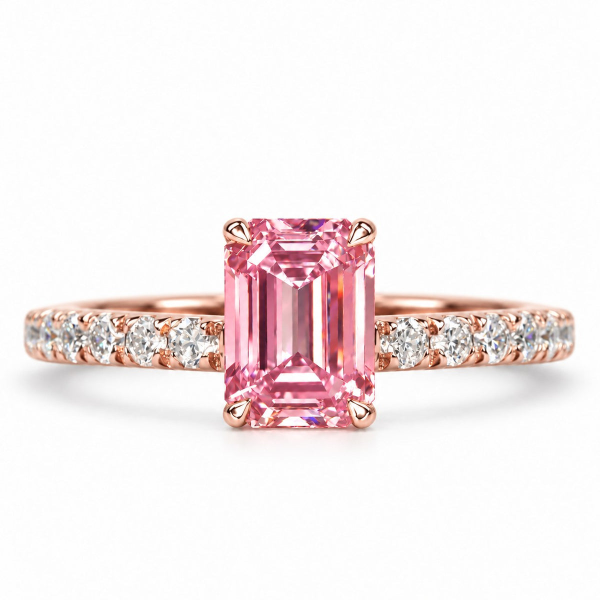 Pink Emerald Cut Lab Grown Diamond Engagement Ring - Pave Band in rose gold, front view
