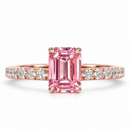 Pink Emerald Cut Lab Grown Diamond Engagement Ring - Pave Band in rose gold, front view