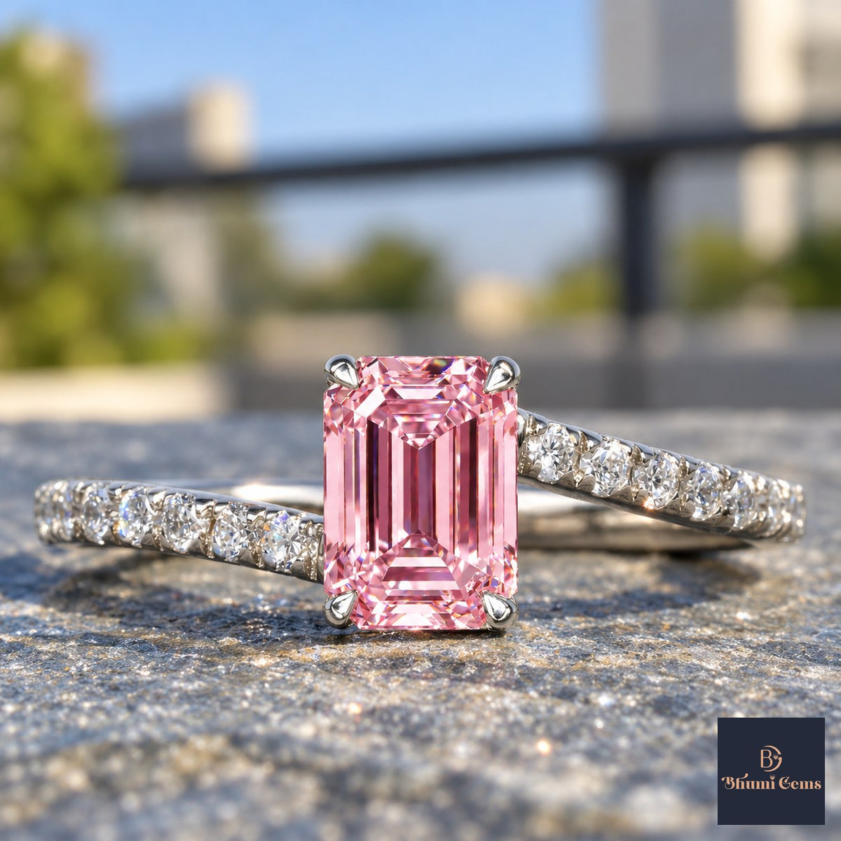 Pink Emerald Cut Lab Grown Diamond Engagement Ring - Pave Band in white gold, close-up
