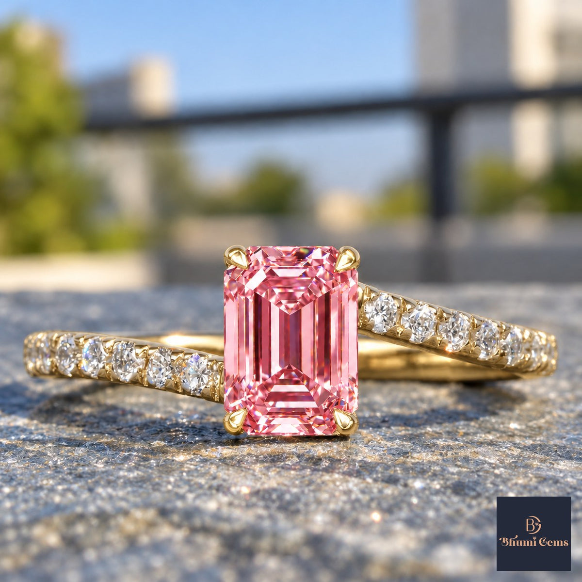 Pink Emerald Cut Lab Grown Diamond Engagement Ring - Pave Band in yellow gold, close-up