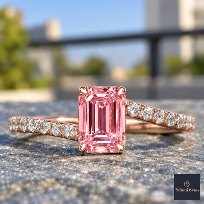 Pink Emerald Cut Lab Grown Diamond Engagement Ring - Pave Band in rose gold, close-up