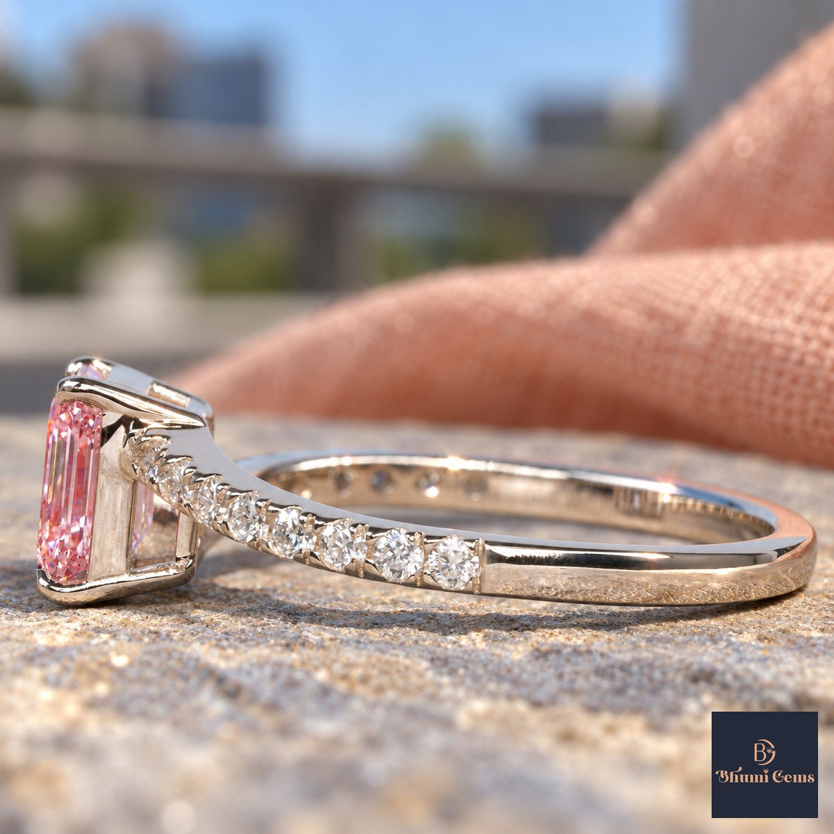 Pink Emerald Cut Lab Grown Diamond Engagement Ring - Pave Band in white gold, side view
