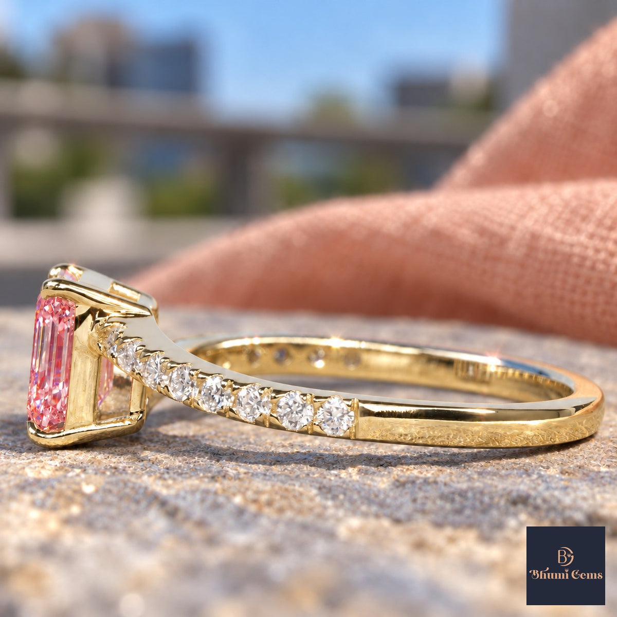 Pink Emerald Cut Lab Grown Diamond Engagement Ring - Pave Band in yellow gold, side view