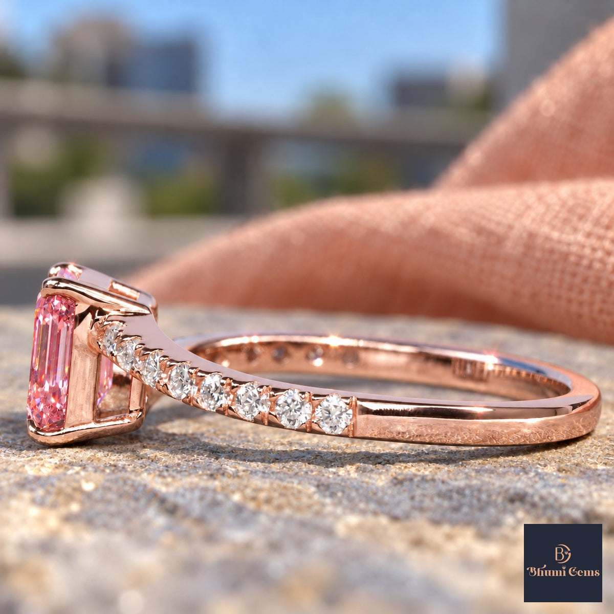 Pink Emerald Cut Lab Grown Diamond Engagement Ring - Pave Band in rose gold, side view