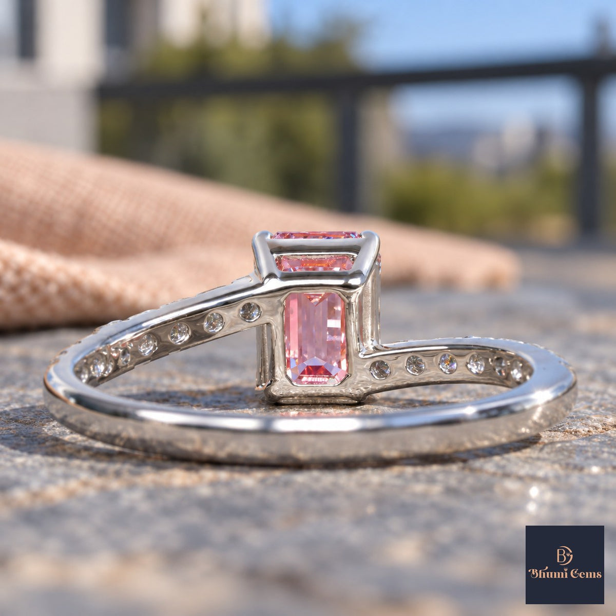 Pink Emerald Cut Lab Grown Diamond Engagement Ring - Pave Band in white gold, gallery view