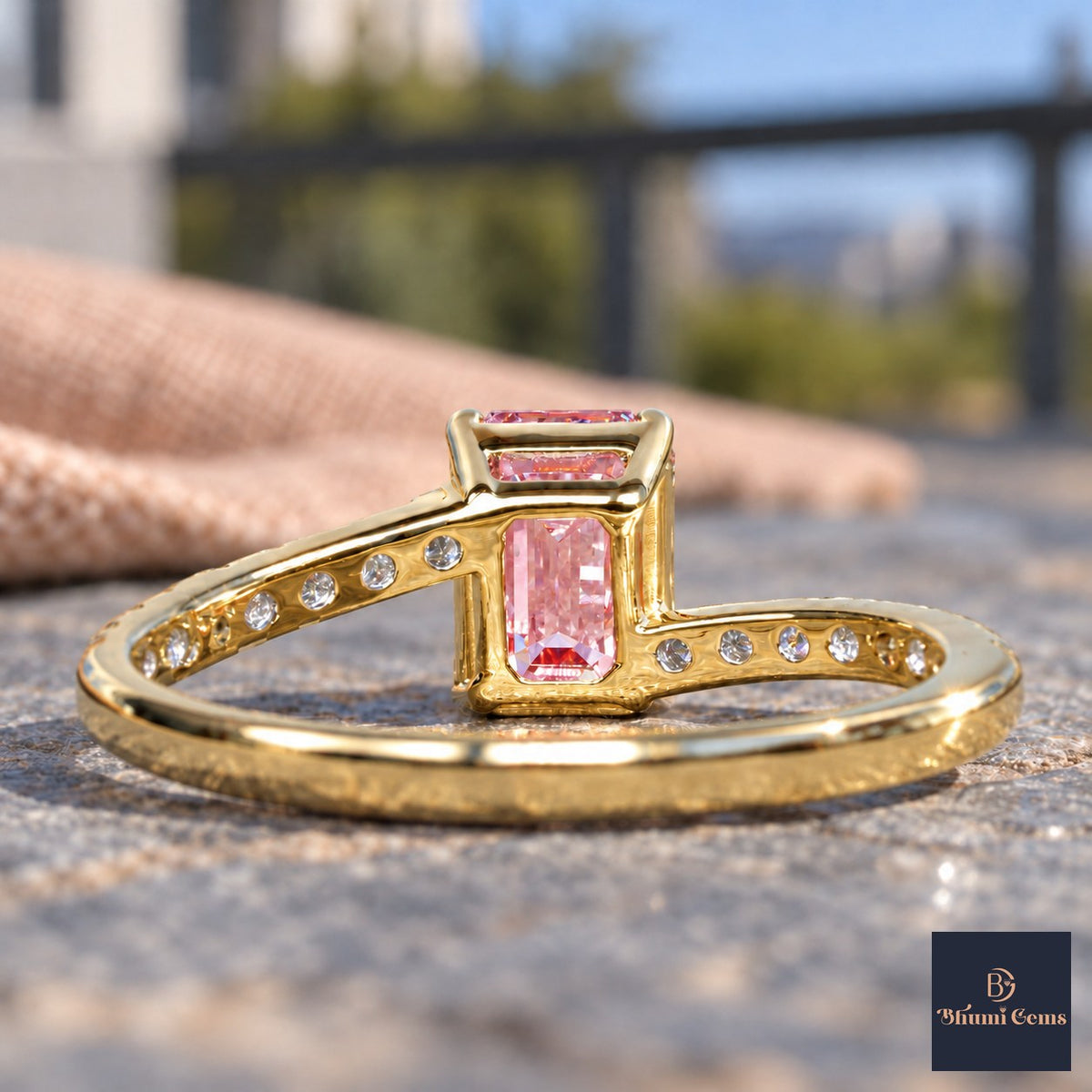 Pink Emerald Cut Lab Grown Diamond Engagement Ring - Pave Band in yellow gold, gallery view