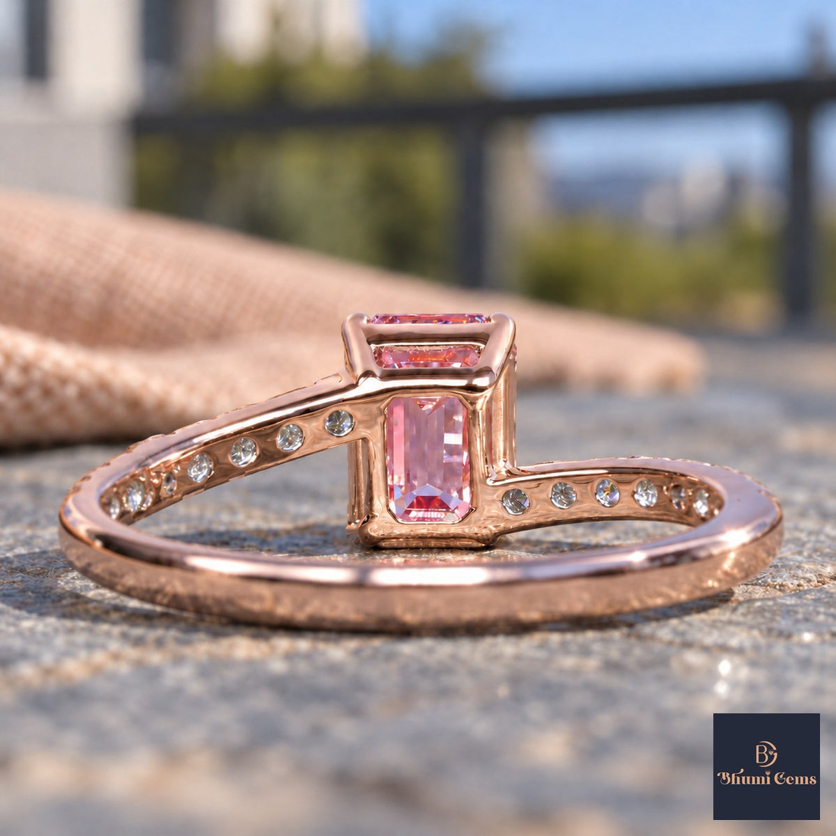 Pink Emerald Cut Lab Grown Diamond Engagement Ring - Pave Band in rose gold, gallery view