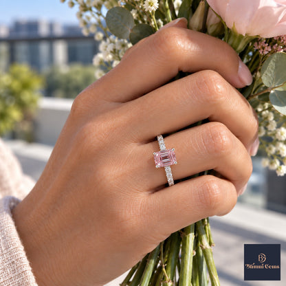 Pink Emerald Cut Lab Grown Diamond Engagement Ring - Pave Band in white gold, on the hand