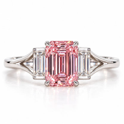 Pink Emerald Cut Lab Grown Diamond Engagement Ring - Trapezoid Three Stone in white gold, front view